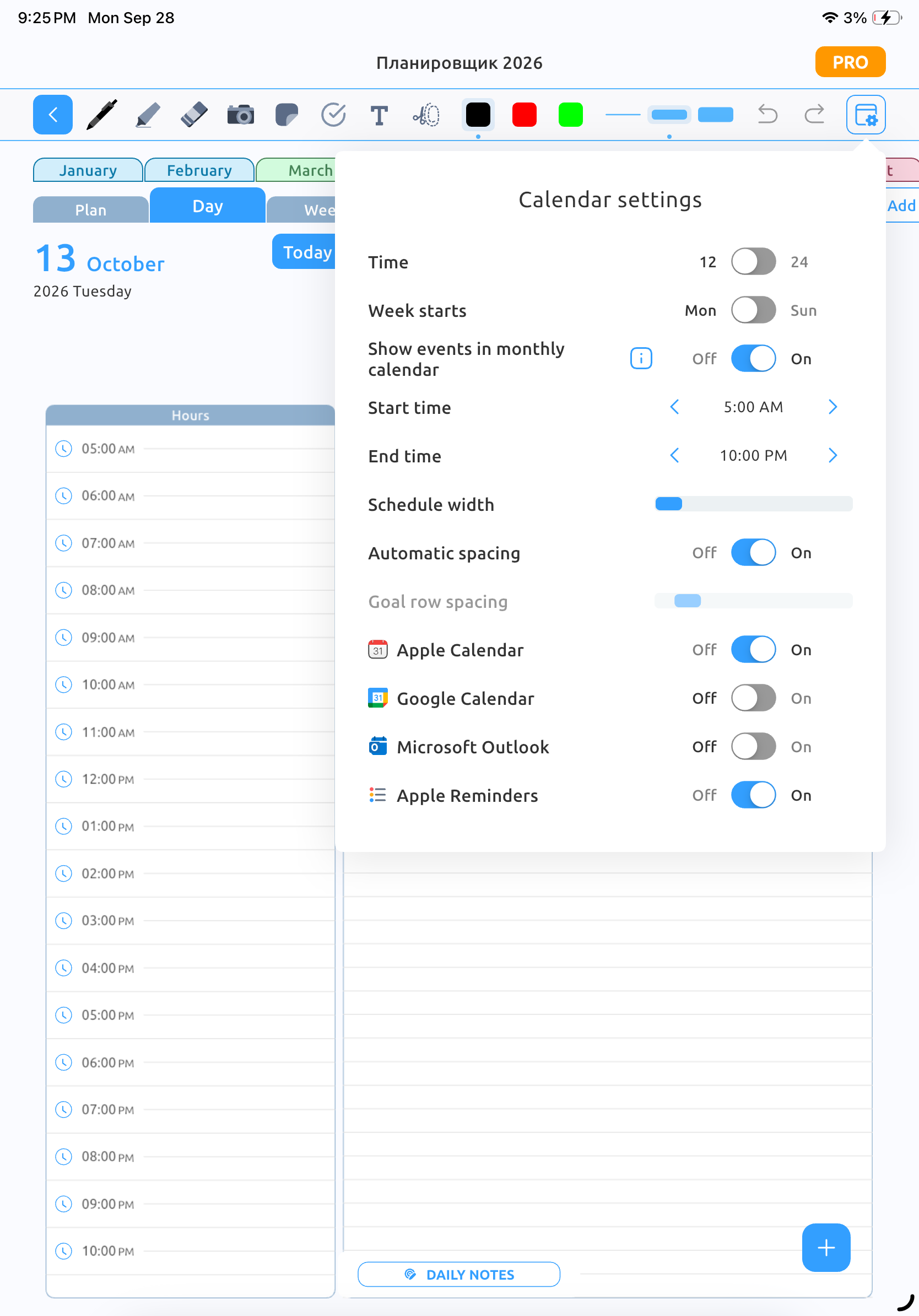 Calendar settings in Digital Planner with Apple Calendar, Google Calendar, Microsoft Outlook, and Apple Reminders options
